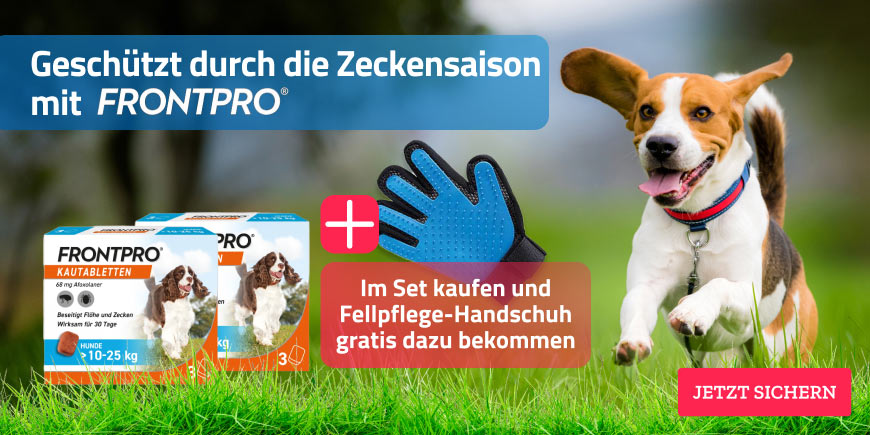 Aktion: Frontpro Kautabletten zum Schutz vor Zecken, jetzt im Set kaufen und gratis Fellpflegehandschuh erhalten