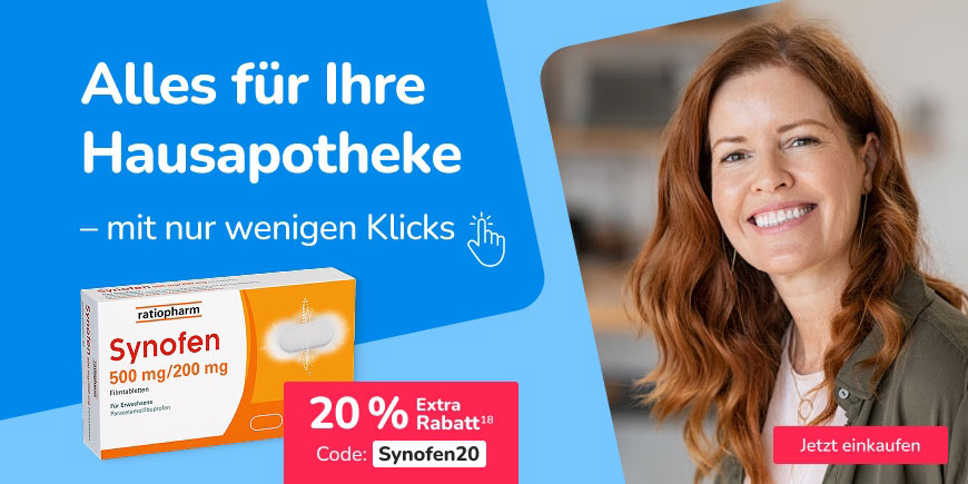 Schmerzmittel sollten in jeder Hausapotheke vorhanden sein, beispielsweise Synofen von ratiopharm. Nur für kurze Zeit mit 20 % extra Rabatt, mit dem Code: Synofen20