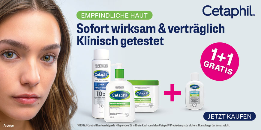 Cetaphil Aktion – Zu ausgewählten Cetaphil-Produkten gibt es eine Flasche Cetaphil Pflegelotion Itchcontrol (29ml) gratis dazu. Nur so lange der Vorrat reicht.