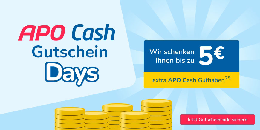 Extra APO Cash sichern mit APO Cash-Gutscheinen. 3 € ab 50 € mit dem Code: 3€ash, 4 € ab 75 € mit dem Code: 4€ash und 5 € ab 100 € mit dem Code: 5€ash