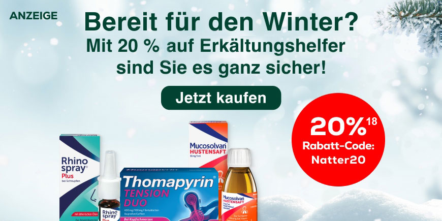 20 % Extrarabatt auf ausgewählte Erkältungshelfer von Natterman mit dem Code: Natter20