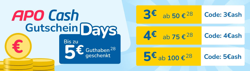 Nur für kurze Zeit! Extra APO Cash sichern mit APO Cash-Gutscheinen. 3 € ab 50 € mit dem Code: 3€ash, 4 € ab 75 € mit dem Code: 4€ash und 5 € ab 100 € mit dem Code: 5€ash