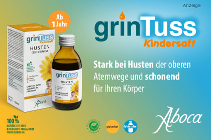 GrinTuss Kindersaft zur Behandlung von Husten, der durch die Reizung der Schleimhäute in den oberen Atemwegen verursacht wird