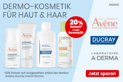 Nur für kurze Zeit – Mit dem Code: Beauty20 sparen Sie jetzt 20 % auf asugewählte Produkte der Marken Avene, Ducray und A-Derma