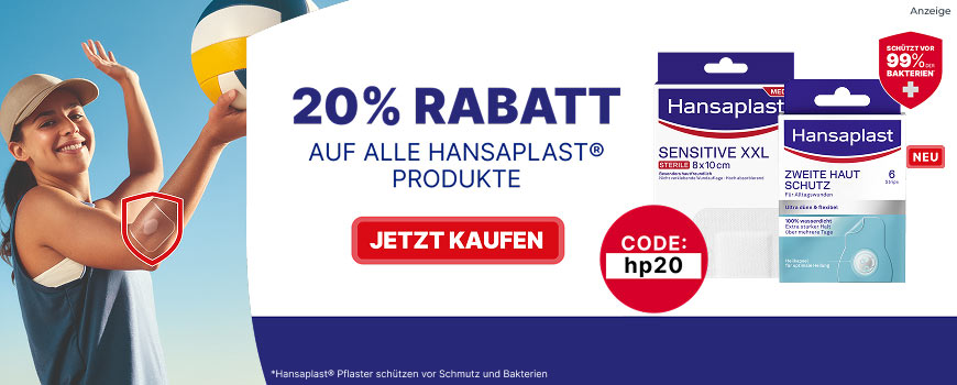 Nur für kurze Zeit! 20 % Extrarabatt auf ausgewählte Hansaplast-Produkte, mit dem Code: HP20
