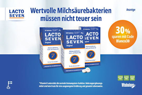 30 % Extrasparen auf Lacto Seven mit dem Code: Blanco30 – Nicht anwendbar auf rezeptpflichtige Artikel, Bücher, Säuglingsanfangsnahrung und Versandkosten