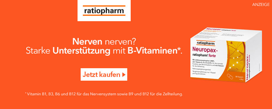 Neuropax ratiopharm zur Unterstützung der normalen Nervenfunktion. Vitamin B1, B3, B6 und B12 tragen zu einer normalen Funktion des Nervensystems bei. Vitamin B9 B12 haben eine Funktion bei der Zellteilung.