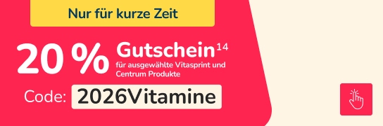 20% Extra-Rabatt auf ausgewählte Vitasprint und Centrum Produkte. Um die 20% Rabatt zu erhalten, nutzen Sie einfach den Code: 2026Vitamine. Aktion gültig vom 01.03.2026 bis 31.03.2026.