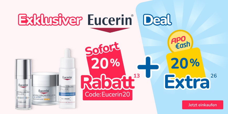 Eucerin Aktion – Jetzt doppelt sparen! 20 % Extra-Rabatt mit Gutscheincode: Eucerin20 und zusätzlich 20 % APO-Cash Rückvergütung