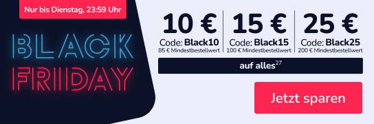 Nur für kurze Zeit! 10 € Rabatt ab 85 €, 15 € Rabatt ab 100 € und 25 € Rabatt ab 200 €. Mit den Codes: Black10, Black15 und Black20. Nicht mit anderen Aktionsvorteilen kombinierbar und nicht anwendbar auf rezeptpflichtige Artikel, Bücher, Säuglingsanfangsnahrung und Versandkosten.