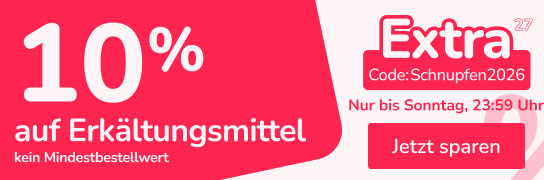 10 % Extra-Rabatt für Produkte aus der Kategorie Erkältungsmittel, ohne Mindestbestellwert mit dem Code: Schnupfen2026 - Nicht anwendbar auf rezeptpflichtige Artikel, Bücher, Säuglingsanfangsnahrung und Versandkosten. Weitere Bedingungen siehe Fußnote 27