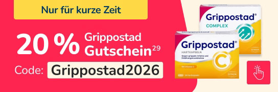20% Extra-Rabatt auf Grippostad Produkte. Um die 20% Rabatt zu erhalten, nutzen Sie einfach den Code: Grippostad2026. Aktion gültig vom 14.01.2026 bis 28.02.2026.
