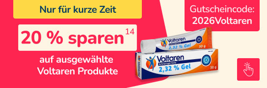20 % Extra-Rabatt auf ausgewählte Voltaren-Produkte mit dem Code: 2026Voltaren - Nicht anwendbar auf rezeptpflichtige Artikel, Bücher, Säuglingsanfangsnahrung und Versandkosten. Weitere Bedingungen siehe Fußnote 14