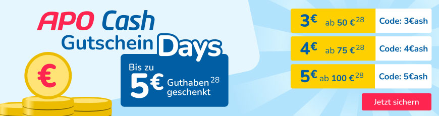 Nur für kurze Zeit! Extra APO Cash sichern mit APO Cash-Gutscheinen. 3 € ab 50 € mit dem Code: 3€ash, 4 € ab 75 € mit dem Code: 4€ash und 5 € ab 100 € mit dem Code: 5€ash