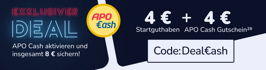 Nur für kurze Zeit! Extra APO Cash sichern mit APO Cash-Gutscheinen. 4 € ab 40 € mit dem Code: Deal€ash