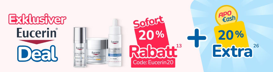 20 % Extra-Rabatt mit dem Code: Eucerin20 und zusätzlich 20 % extra APO Cash auf viele Eucerin Produkte