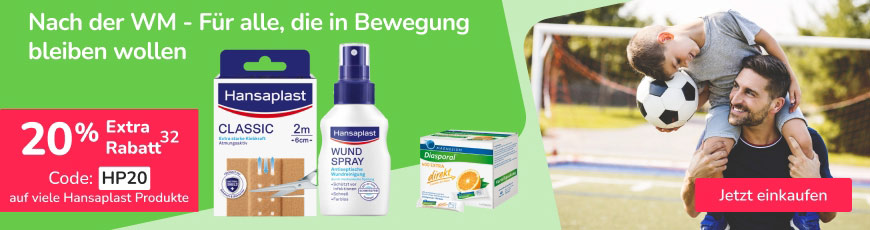 Für alle die in Bewegung bleiben wollen – Hansaplast-Coupon 20 % Extra-Rabatt auf viele Hansaplast-Produkte mit dem Code HP20. Details in Fußnote 32
